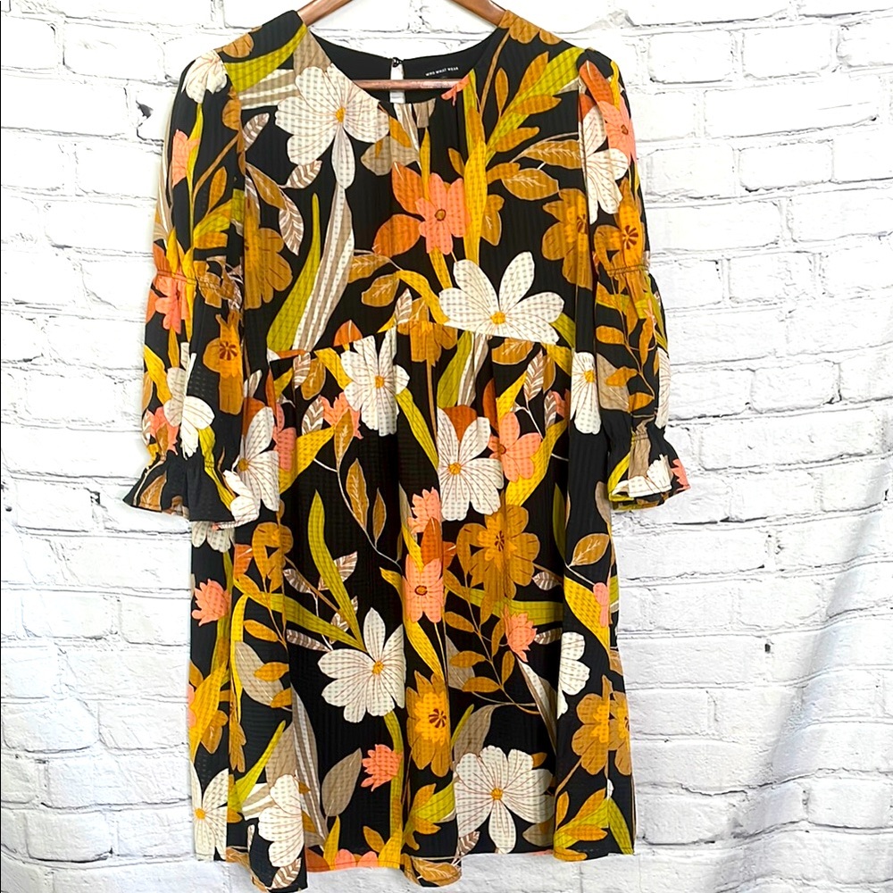 Who What Wear Black Orange Floral Long Sleeve Dress Size Large